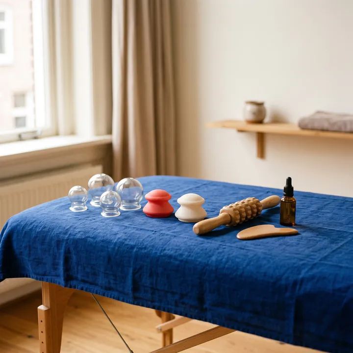 Glazen en siliconen cups met houten massagehulpmiddelen op een blauwe doek