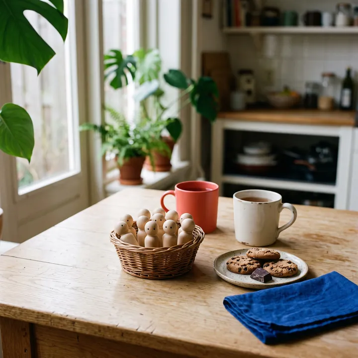 Keukentafel met twee mokken thee, poppetjes en een blauwe servet