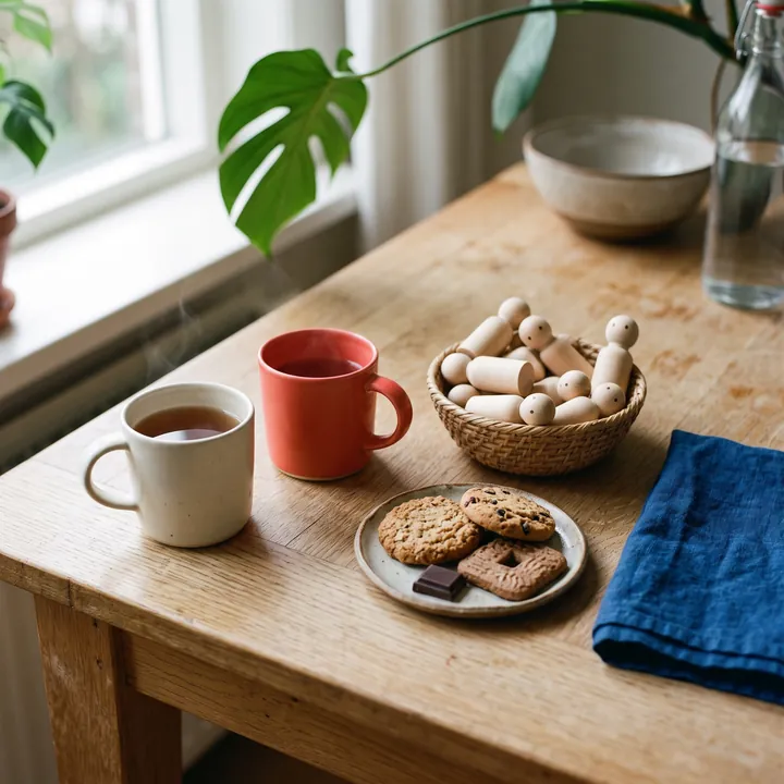 Tafel met twee mokken thee, een mandje houten poppetjes en koekjes