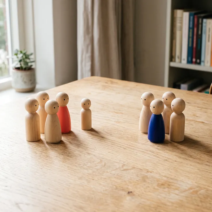 Houten poppetjes in twee groepjes op een tafel
