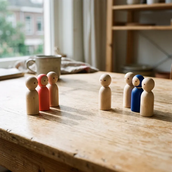 Houten poppetjes op tafel: twee groepjes tegenover elkaar en één ertussen