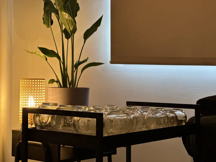 De studio van Marlinde, met plant en cups